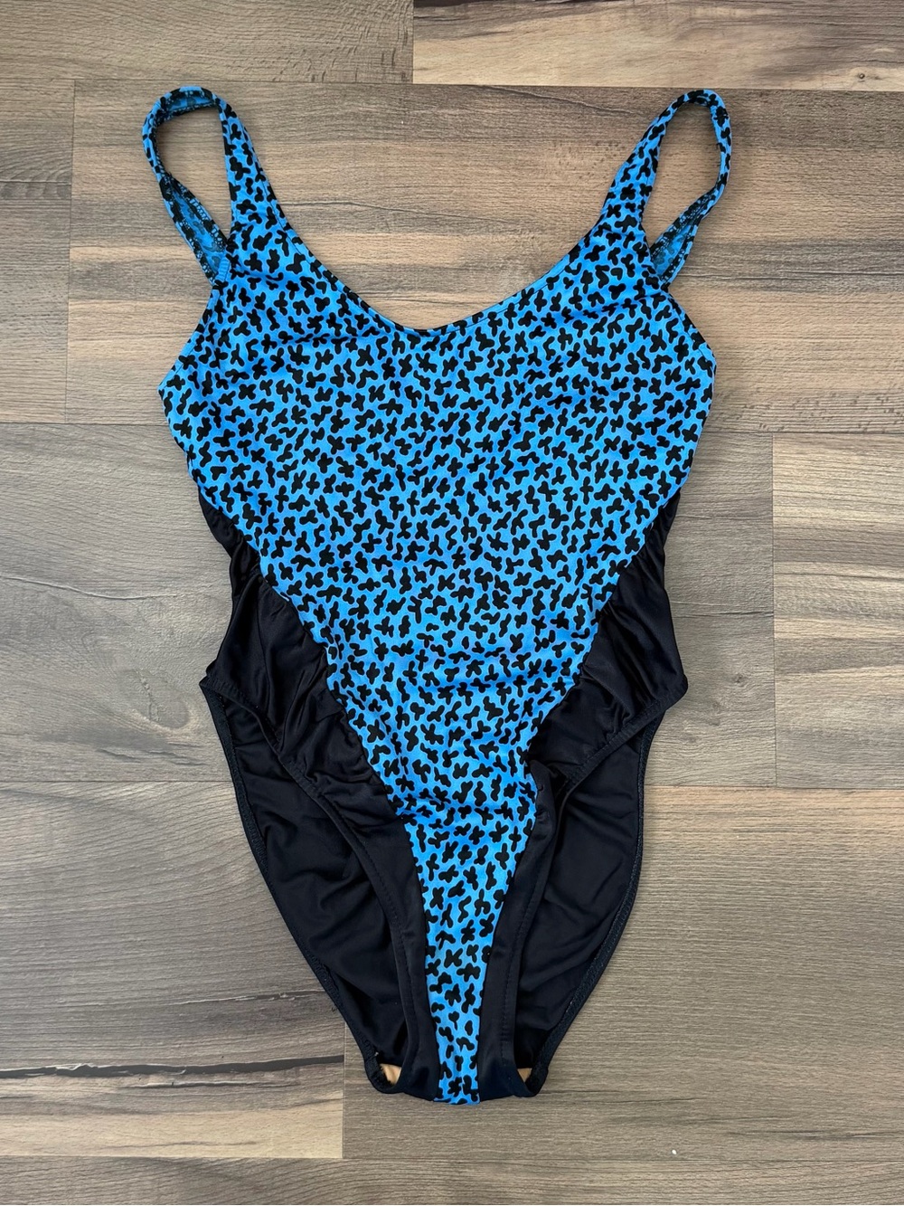 Vintage 80s High Cut Low Back Blue Leopard Print Swimsuit Size 9/10